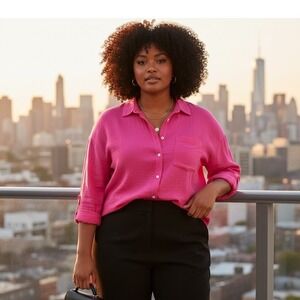 Pink Linen Blend Button Down Long Sleeve Oversized Classic Preppy Girly Chic XXL